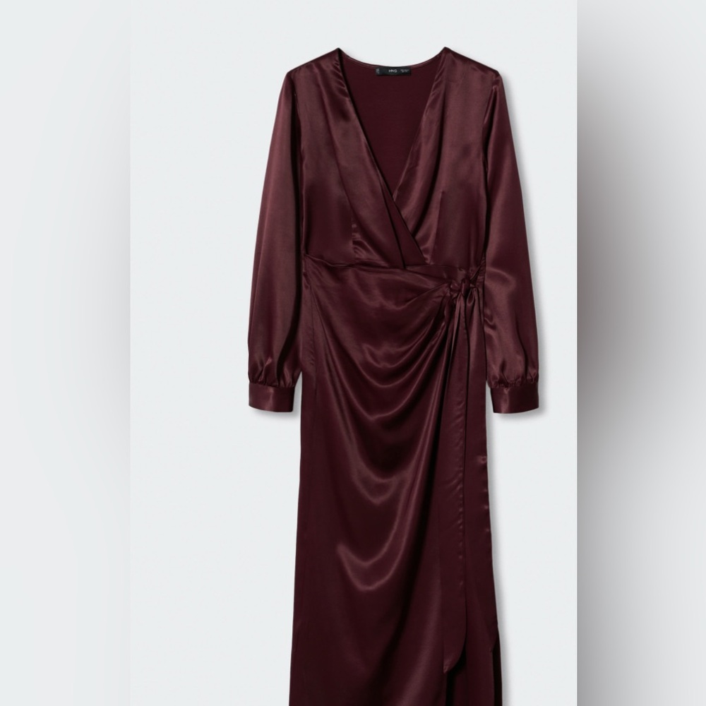 Mango Satin Wrap Dress Burgundy Long Sleeve